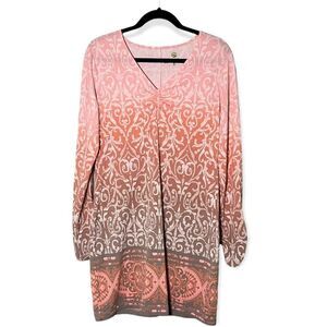 Dakini Taupe and Peach Ikat Print Long Sleeved Dress Size Large